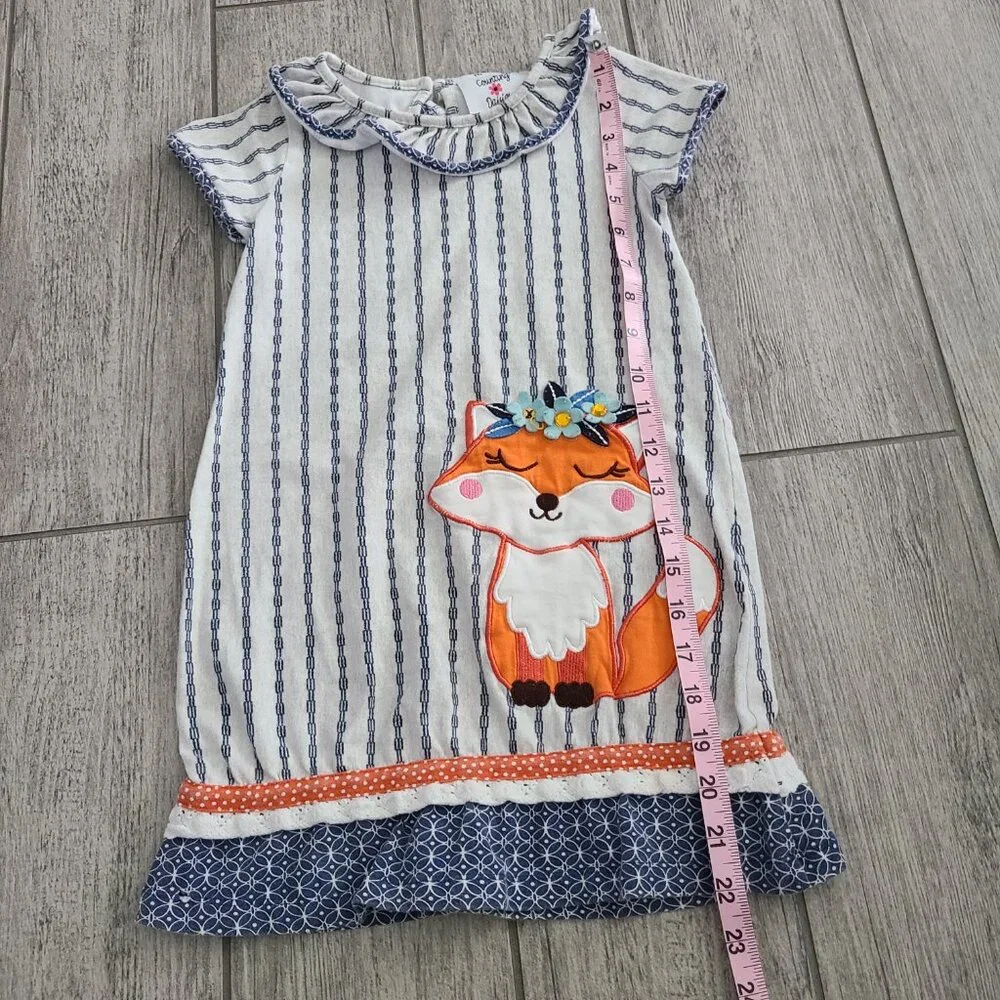 Counting Daisies Girls Striped Fox Appliqué Ruffle Collar Dress Size 5